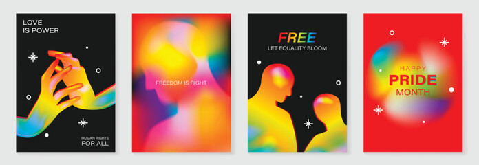 Pride Month poster set vector. Colorful LGBT social media template with rainbow hearts, hands, couple silhouette and love message for equality, diversity and human rights.