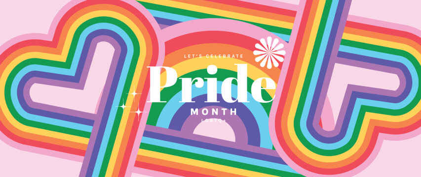 Pride Month rainbow heart background vector. Colorful LGBT celebration banner design with retro stripes, arch shapes, sparkles and flower symbol for equality, diversity, love and parade.