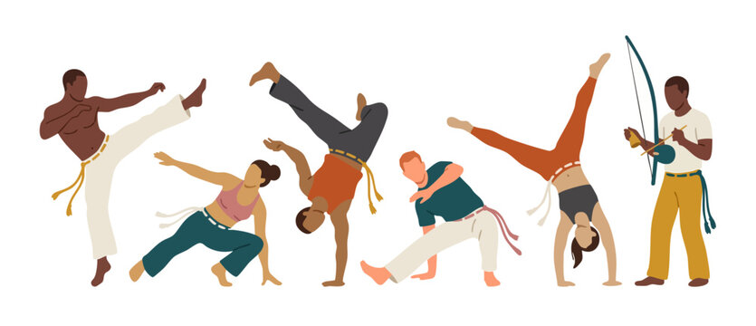 Capoeira Martial Art Group Performing Afro-Brazilian Dance and Acrobatics with Berimbau Music, Athletic People Training Brazilian Self-Defense Combat Sport, Vector Illustration Set on White Background