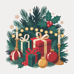 Christmas Holiday Gifts and Evergreen Decorations Illustration © Shahareya