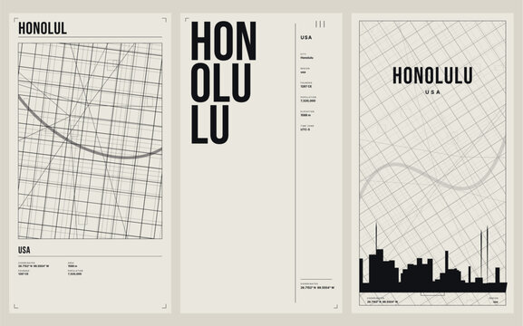 Minimalist honolulu city map and skyline poster set vector illustration
