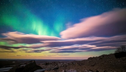 Obraz premium Aurora Borealis over Icelandic Landscape - A Symphony of Light and Color.