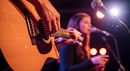 Fototapeta na wymiar Musician plays guitar and sings at night club with spotlight