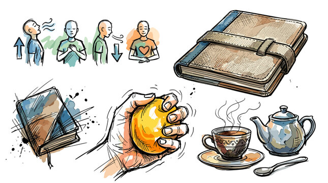 Collection of vintage and modern objects including books, tea set, and hand holding an apple
