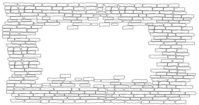 Horizontal hand drawn sketchy distressed stone wall frame border with rough edges and empty copy space design element white background