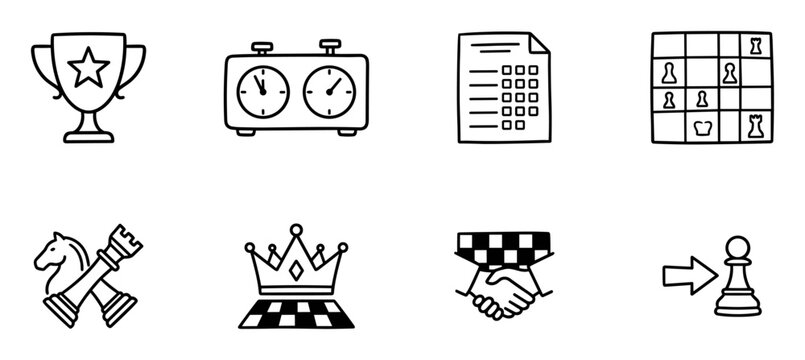 Hand drawn chess game icons set including trophy, chess clock, score sheet, chess board, pieces, crown, handshake, and pawn promotion on transparent background