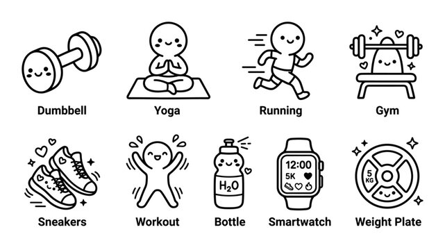 Set of cute fitness and workout icons including dumbbell, yoga, running, gym, sneakers, workout, bottle, smart watch, and weight plate illustrations on transparent background