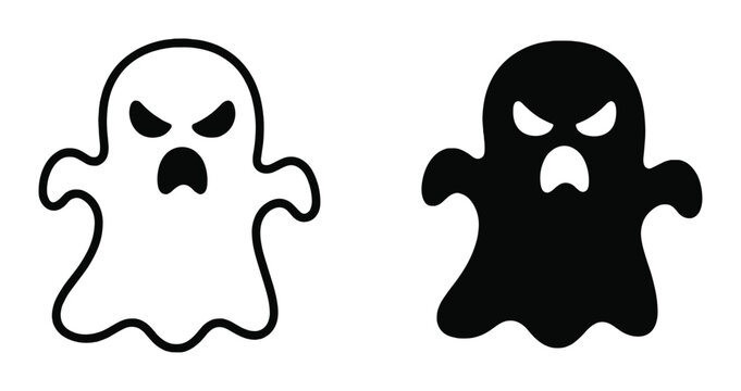 Black and white angry ghost icons with expressive faces in simple cartoon style on transparent background