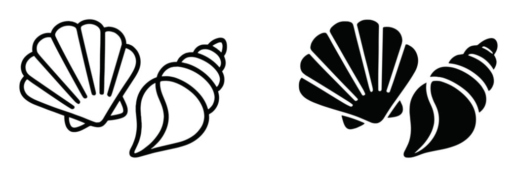 Set of two seashell icons in black and white line and solid styles on transparent background