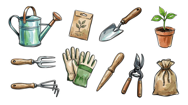 Collection of gardening tools and supplies arranged