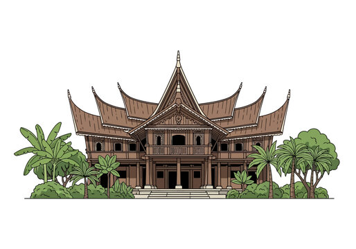 Traditional Minangkabau House Illustration with Curved Roofs and Lush Tropical Plants