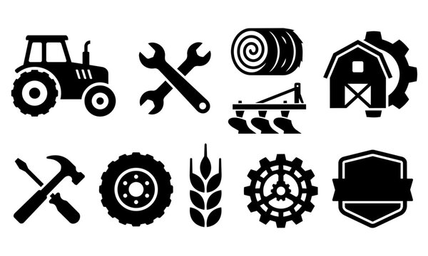 Agricultural and farming solid icons including a tractor, crops, and farm tools