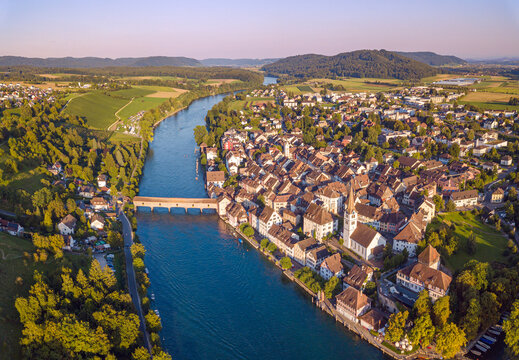 Aerial image of the Swiss old town Diessenhofen in Canton Thurgau on the Rhine River on the border to Germany at sunset