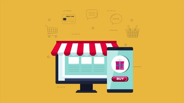 E-commerce storefront opens on computer screen with mobile shopping.