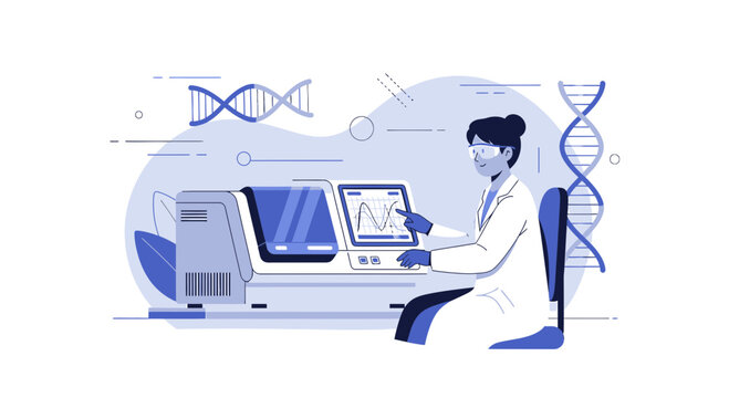 Scientist analyzing DNA data on advanced laboratory equipment, genetic research concept