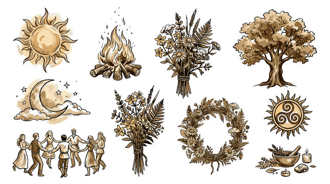 Collection of natureinspired illustrations featuring trees, leaves, and celestial elements