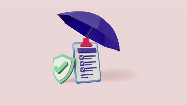 A graphic illustration of a blue umbrella shielding a document and green shield with a checkmark on a pink background.