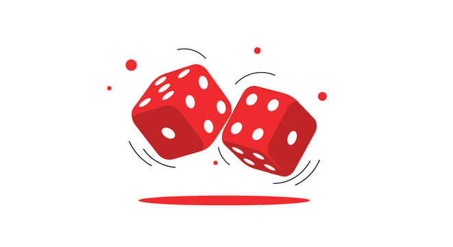 Pair of red gaming dice with white dots are shown mid roll with motion lines and small red particles on a white background.