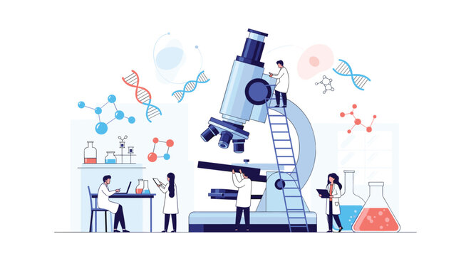 Team of tiny scientists explores the world of biology and chemistry using a massive microscope in a futuristic research laboratory.