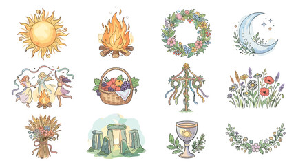 Obraz premium Collection of whimsical illustrations featuring celestial, nature, and fantasy elements