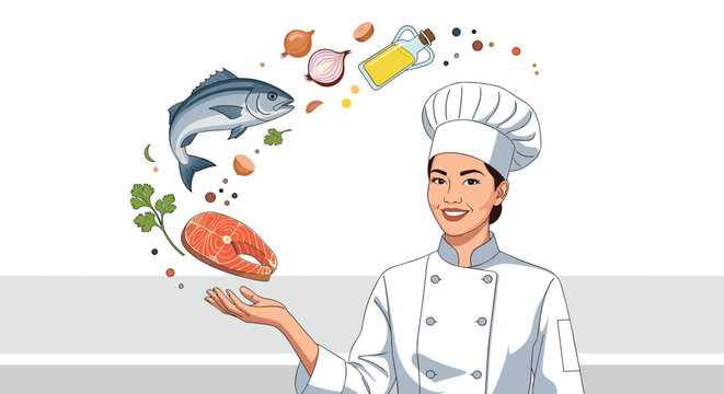 Friendly female chef in a white uniform presents a variety of fresh cooking ingredients like fish, vegetables, and olive oil.