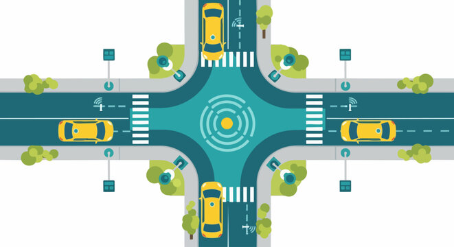 Smart City Intersection with Autonomous Connected Vehicles and Intelligent Traffic Management System Flat Vector Illustration