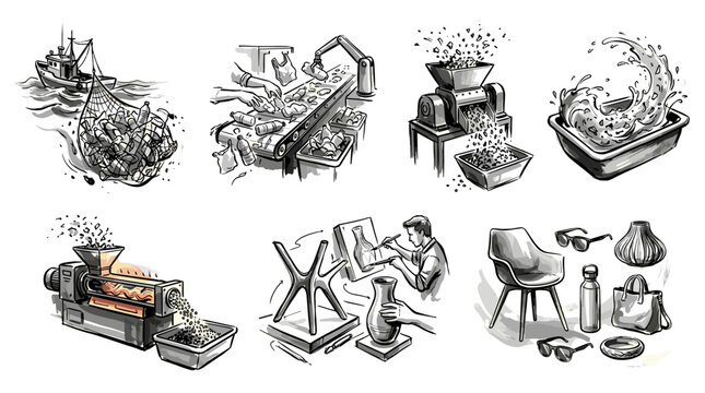 Collection of vintage sewing machines and accessories in detailed illustrations