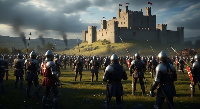 Medieval army assembled in formation facing a formidable stone fortress on a grassy hill