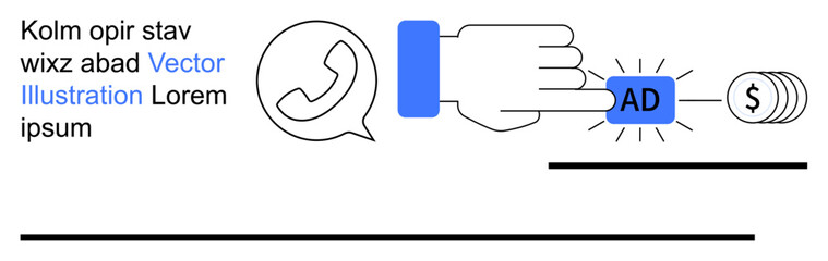 Fototapeta premium Digital marketing, online monetization, communication strategy, media promotion, pay-per-click, targeted advertising. A hand clicking an ad, chat icon and dollar symbol. Digital marketing and online