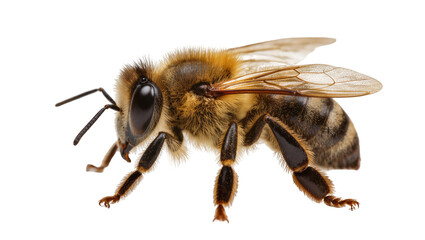 Fototapeta premium Detailed Honeybee Close-up with Fuzzy Brown and Black Striped Body