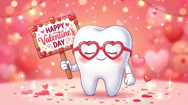 Cute cartoon tooth holding Valentine's Day sign with hearts in background  