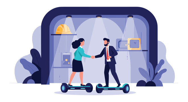 Businessman and businesswoman shaking hands while standing on hoverboards in a modern high-tech office environment.