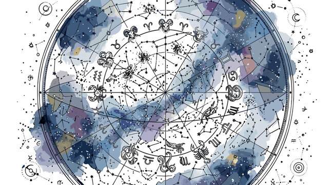 Abstract watercolor galaxy with celestial patterns and cosmic colors