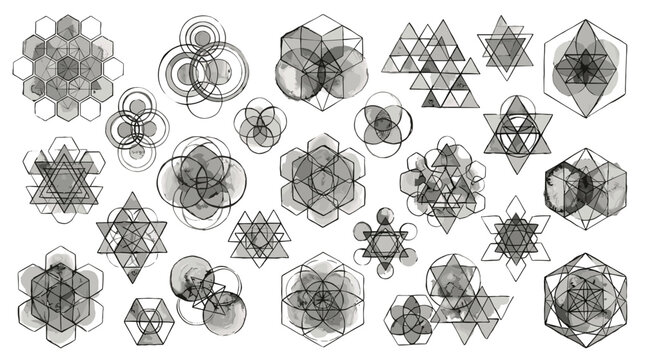 Collection of geometric shapes and polyhedra in various styles and sizes