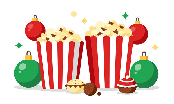 red green christmas ornaments surround vertical red white popcorn boxes spilling delicious festive holiday treats