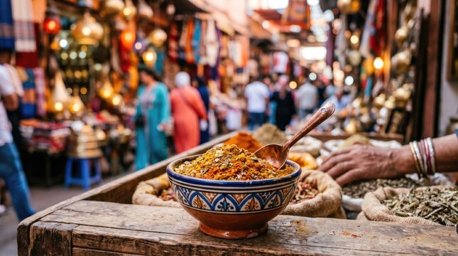 Vibrant street food market with colorful spices and bread on display