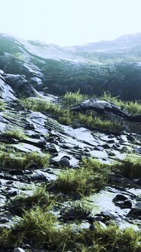 A hillside covered in rocks and patches of grass is illuminated by sunlight. The landscape shows rugged terrain with a variety of stone textures and greenery.