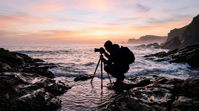 Photographer captures serene sunset over ocean waves on rocky shoreline with tripod