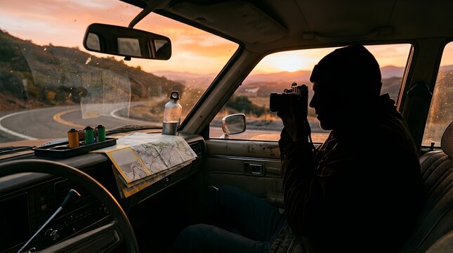 A man navigates through a winding road taking a photo at sunset