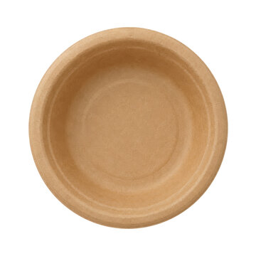 Top view of a natural brown biodegradable paper bowl isolated on white background, eco friendly disposable tableware for food packaging and sustainable catering