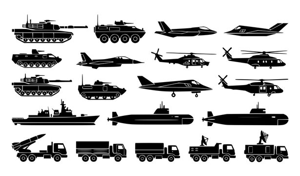 Military vehicle silhouettes set, tanks, fighter jets, ships, and submarine warcraft icons.