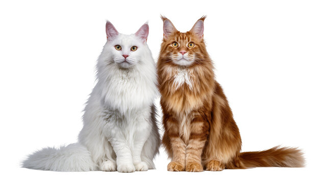 Fluffy White and Ginger Maine Coon Cats Sitting Together