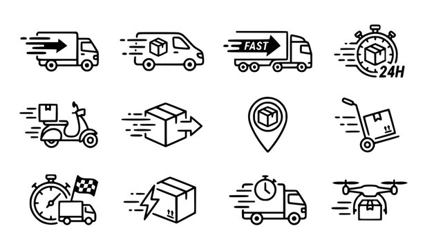 Logistics and delivery service line icons, shipping truck, cargo van, and fast courier symbols.