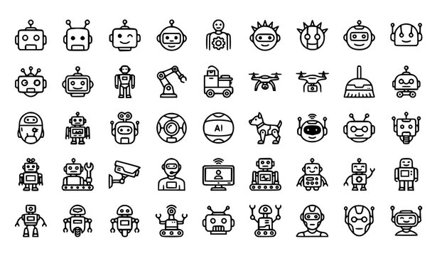 Robot and artificial intelligence icon set, android characters, tech bots and machine line icons.