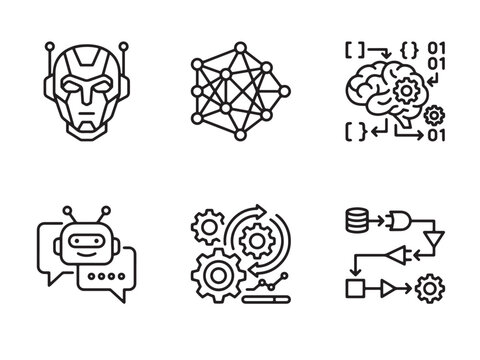 Black line icons of ai, robots and automation