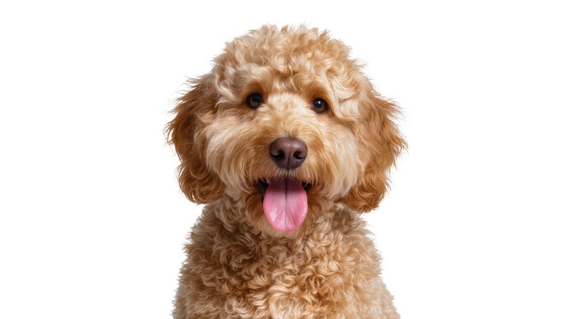Curly-haired apricot Goldendoodle dog head with open mouth