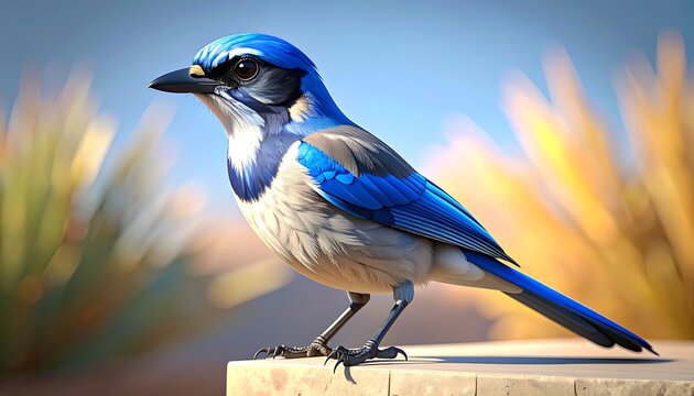 A detailed close-up of a western scrub jay perched on a weathered surface, showcasing its vibrant blue and grey plumage against a blurred desert landscape background, natural wildlife photography
