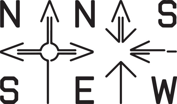 Abstract thin line directional compass symbols featuring cardinal letters and geometric arrow intersections for mapping and navigation layout.