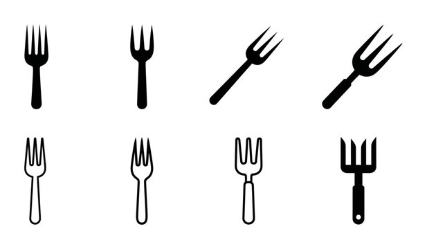 Fork silhouette icons set, kitchenware utensils, solid black style, food category