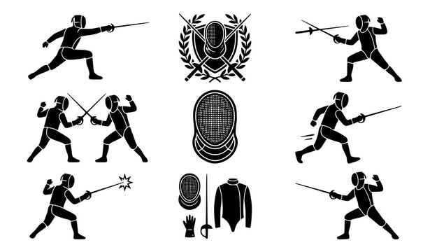 Fencing sports silhouette icons set, fencers in action poses with foil and mask.